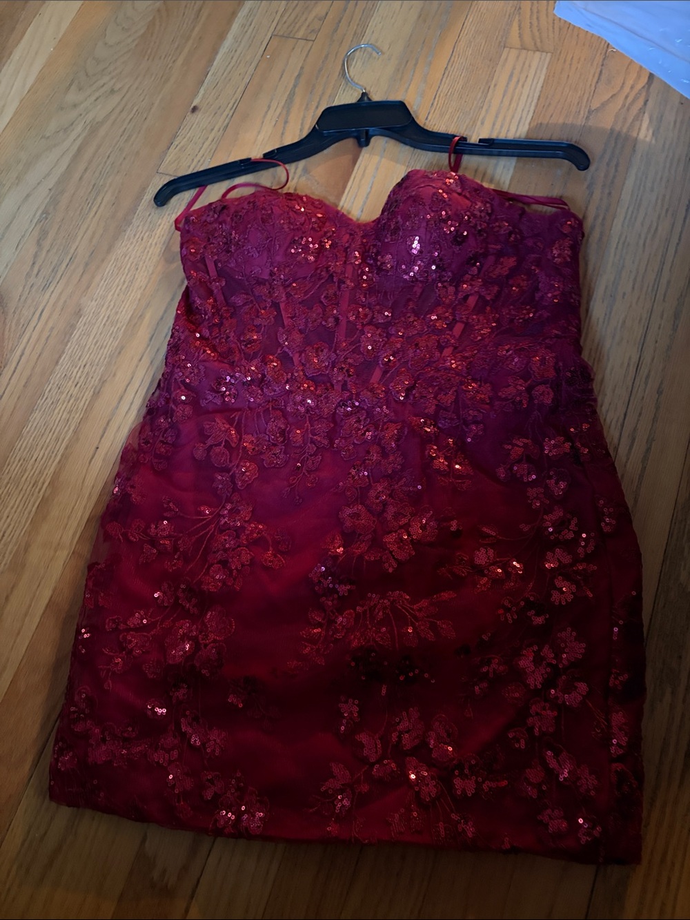 Strapless Burgundy Sequin Lace Cocktail Dress